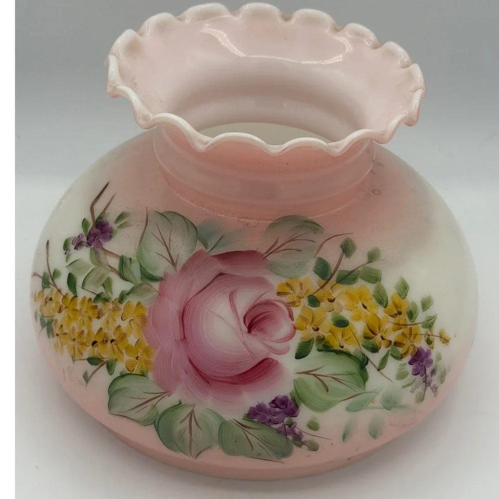Vintage Pink Satin Glass Gone With The Wind Lamp Shade Hand Painted Rose Ruffled
